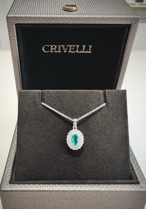 Crivelli white gold necklace with diamonds and emerald CRV22302