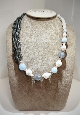 Soara silver necklace with beryl and pearls SOA2312