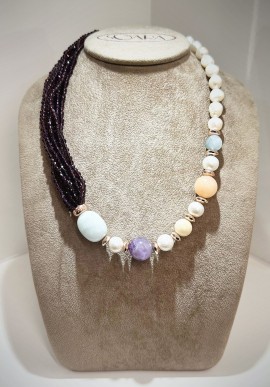 Soara silver necklace with amethyst, beryl and pearls SOA2311