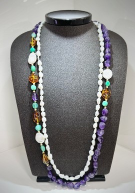 Soara silver necklace with amethyst, amber, chrysoprase and pearls SOA2309