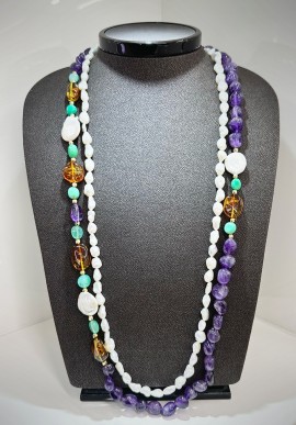 Soara silver necklace with amethyst, amber, chrysoprase and pearls SOA2309