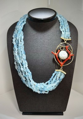 Soara silver necklace with aquamarine and coral SOA2304