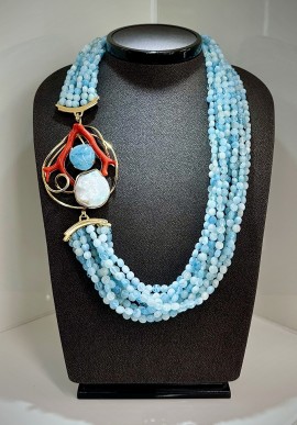 Soara necklace in silver, coral and aquamarine SOA2421